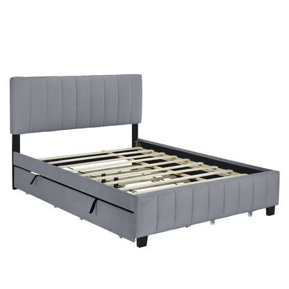 Elegant Velvet Upholstered Platform Bed with 2 Drawers and 1 Twin XL Trundle- Gray