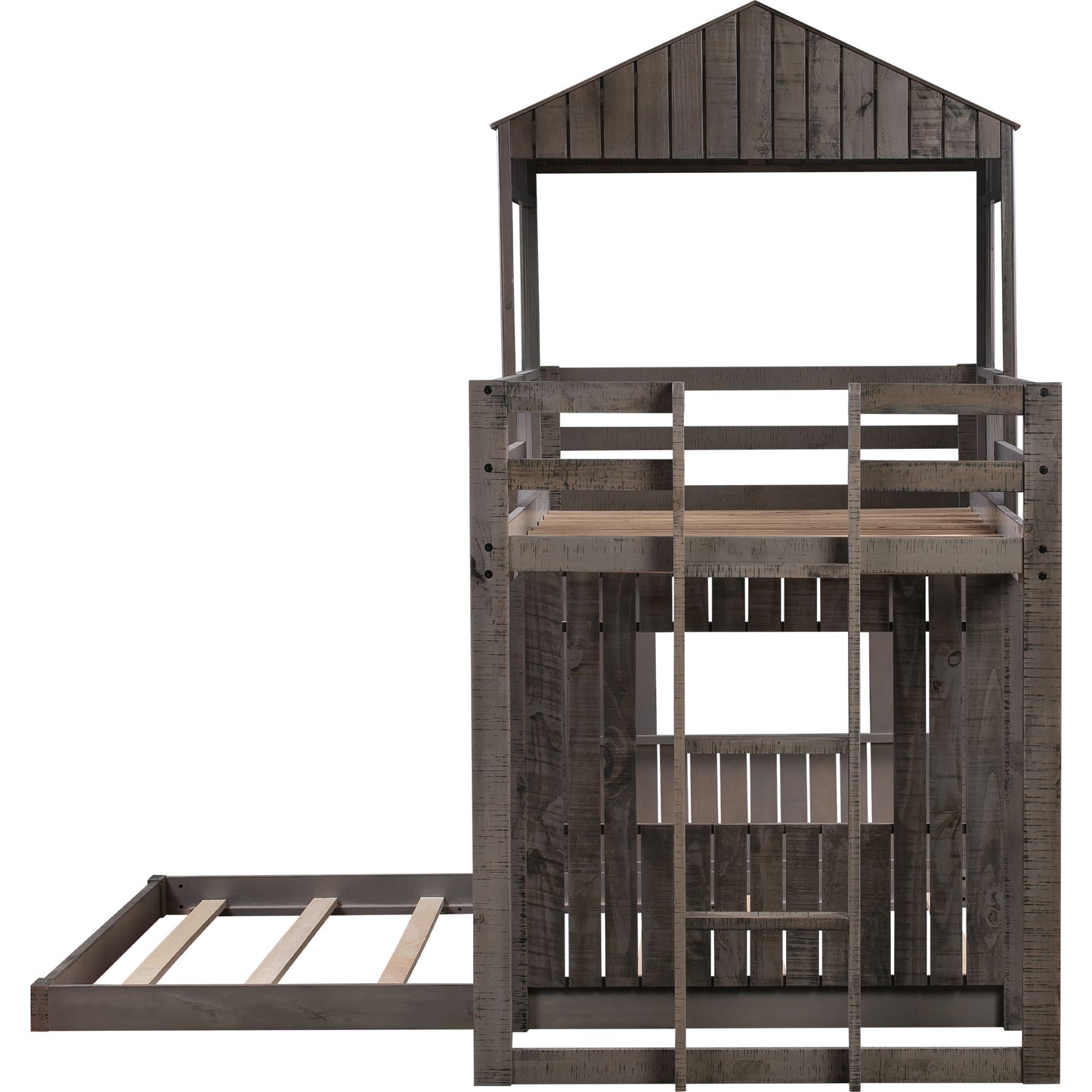 loft bed with playhouse, farmhouse, ladder and guardrails , antique gray