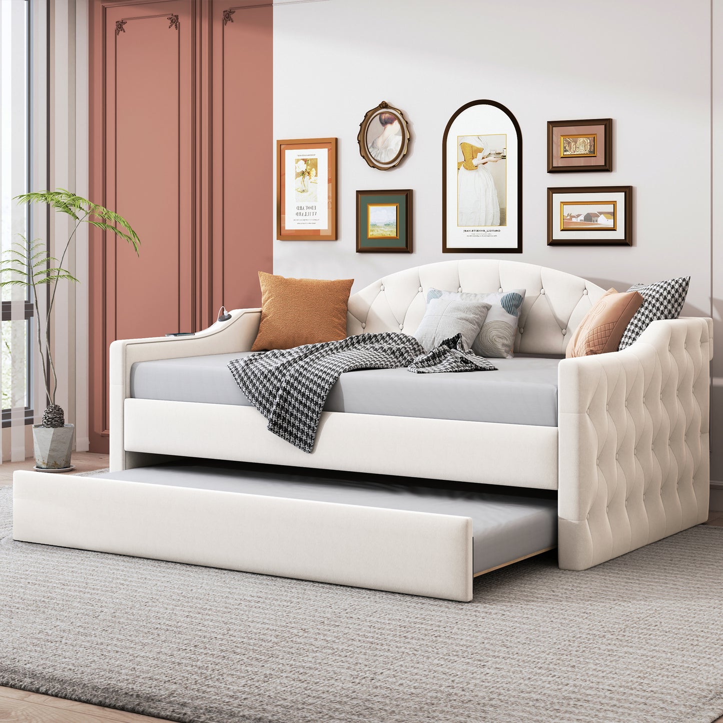 zara tufted upholstered bed with trundle, usb&type-c charging ports, beige