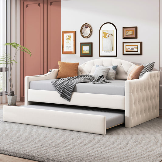 Zara Tufted Upholstered Bed with Trundle, USB&Type-C Charging Ports, Beige