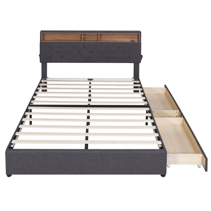 Upholstered Platform Bed with Storage Headboard, LED, USB Charging and 2 Drawers
