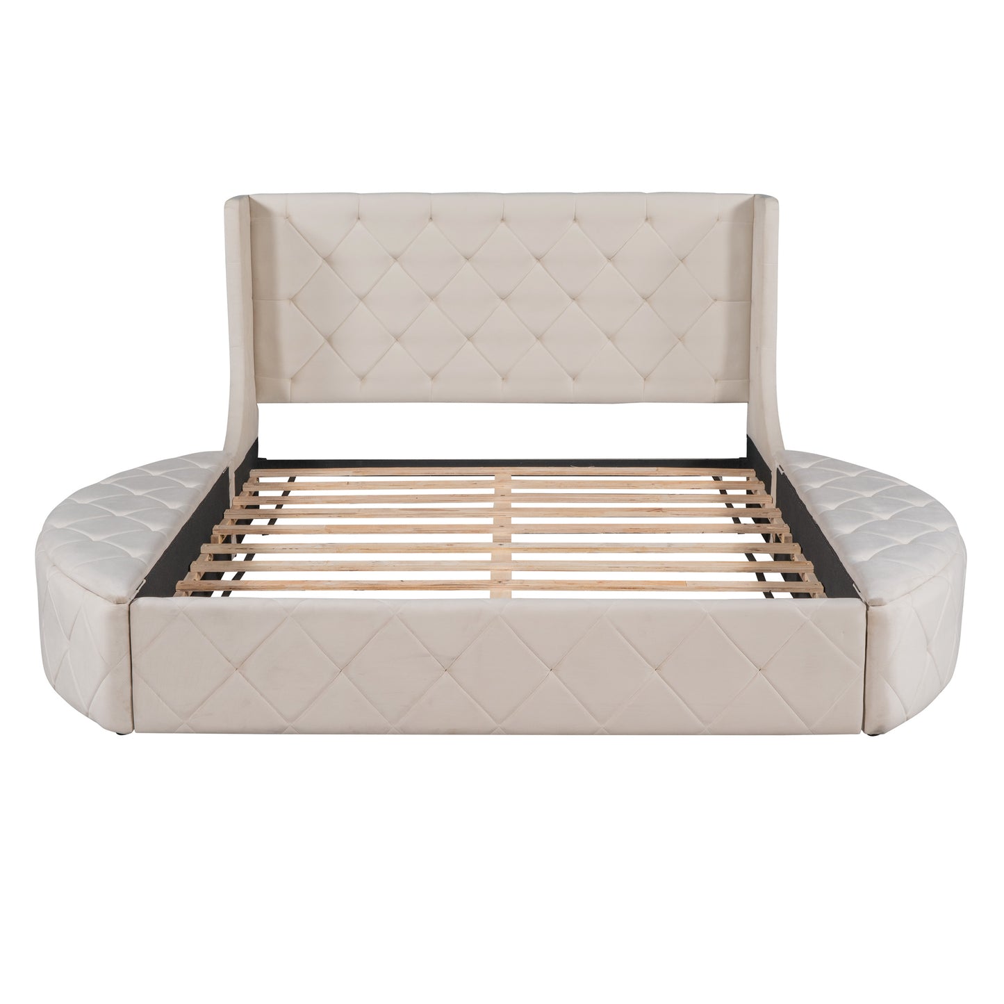 upholstered velvet platform bed with wingback headboard and 1 big drawer; 2 side storage stool