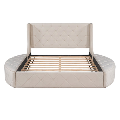 Upholstered Velvet Platform Bed with Wingback Headboard and 1 Big Drawer; 2 Side Storage Stool