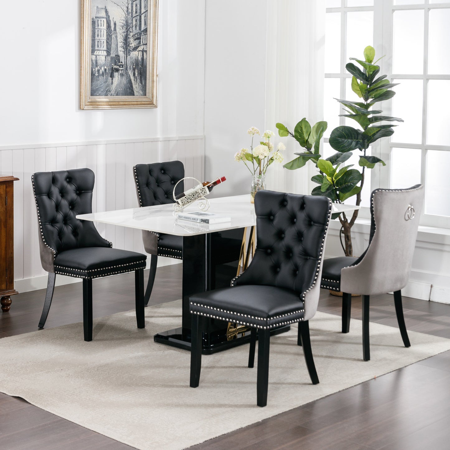 nikki collection modern high-end tufted dining chairs 2-pcs set, black+gray
