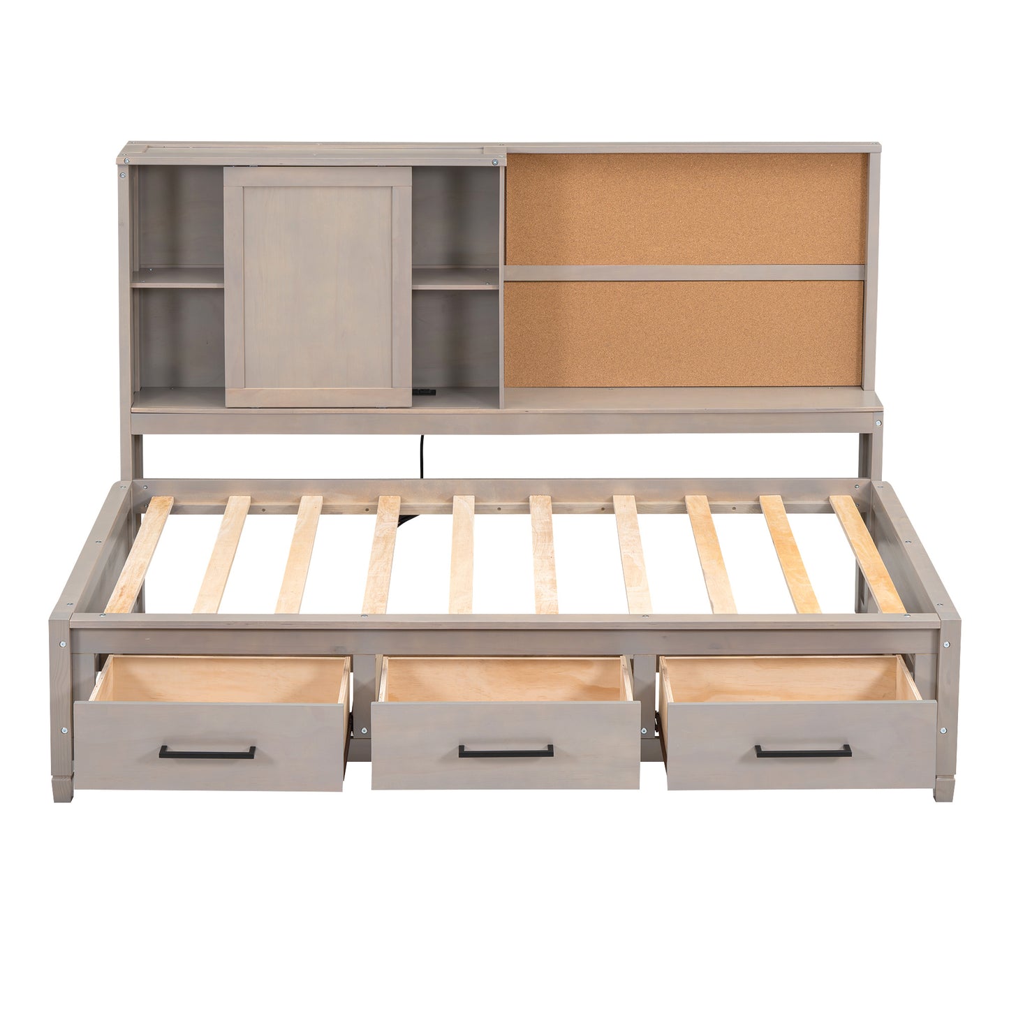 twin size lounge daybed with storage shelves, cork board, usb ports and 3 drawers, antique gray