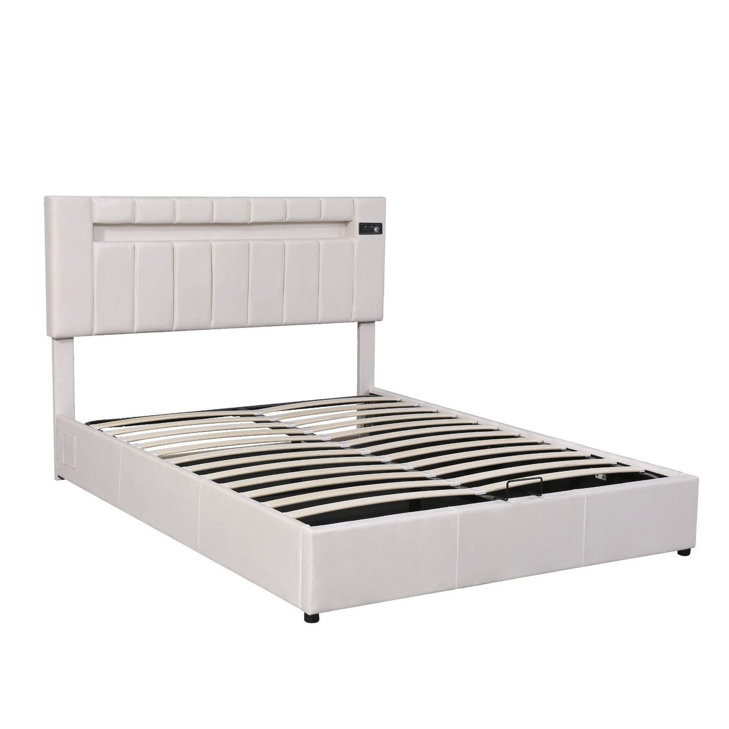 velvet upholstered hydraulic storage bed with led light, bluetooth player, and usb charging