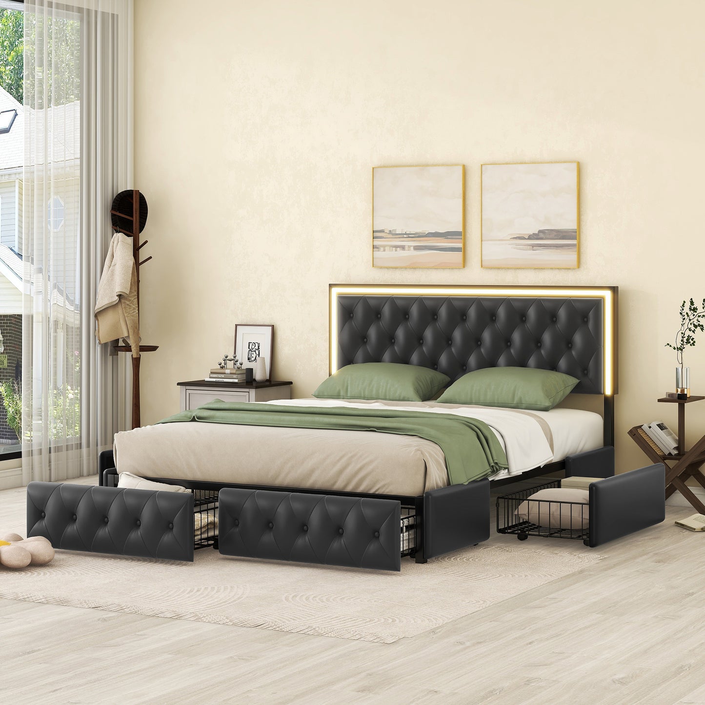 queen upholstered pu leather platform bed with led headboard, black