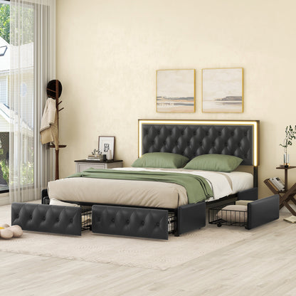Queen Upholstered PU Leather Platform Bed with LED Headboard, Black
