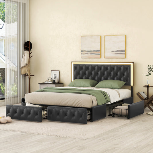 Queen Upholstered PU Leather Platform Bed with LED Headboard, Black