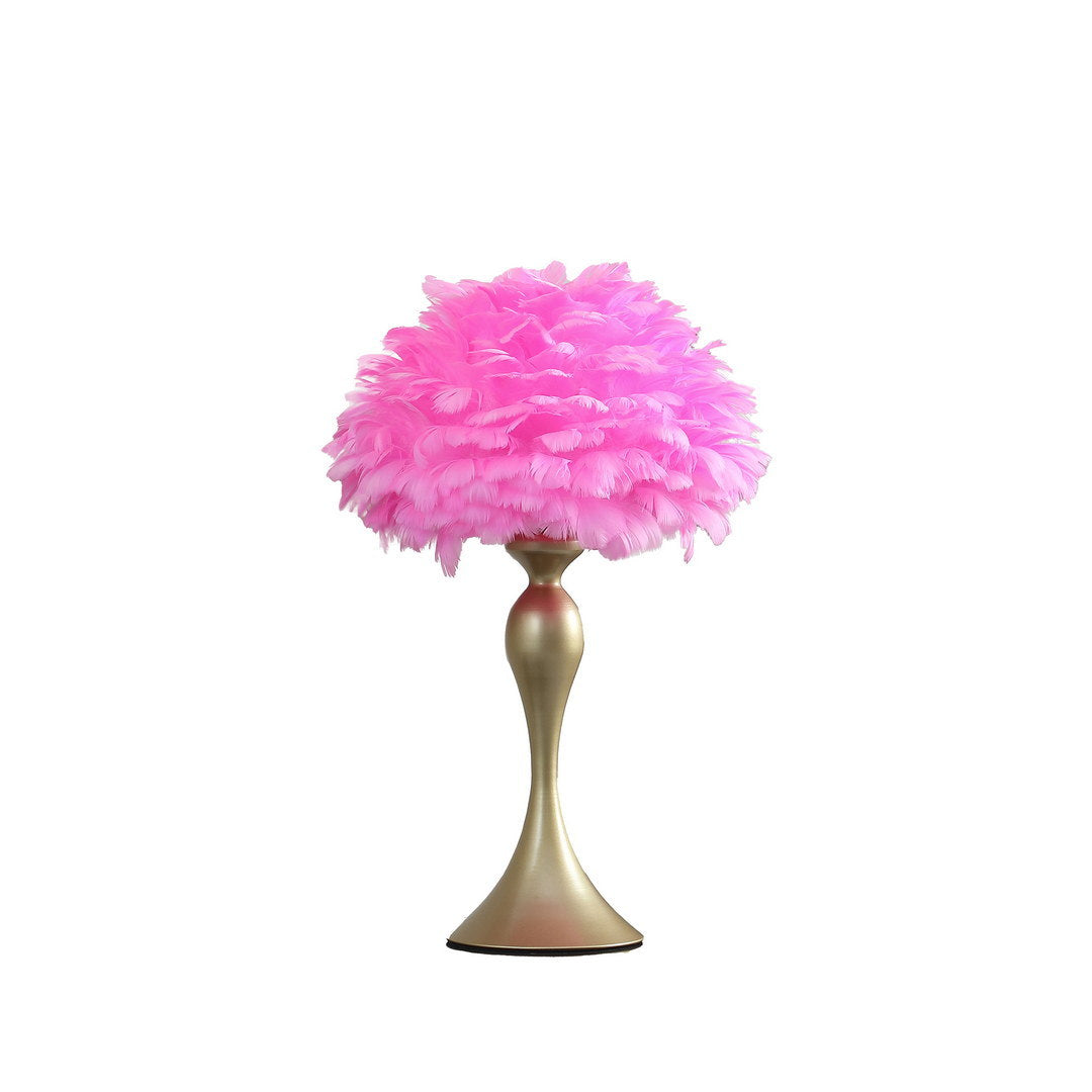 18.25"in hot pink feather aquina satin gold metal contour glam table lamp