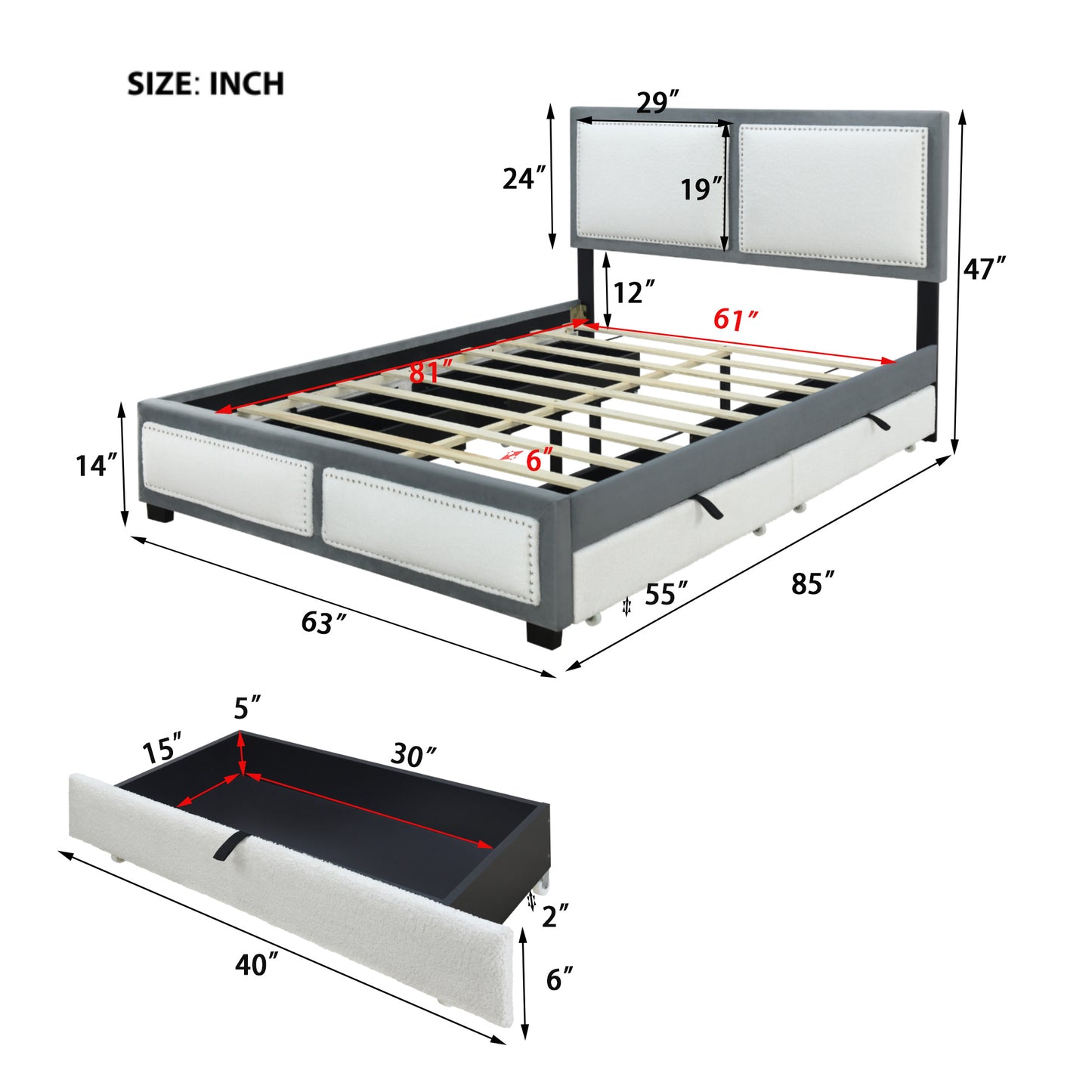 teddy upholstered platform bed with large rivet-decorated backrests and 4 drawers, velvet gray+white