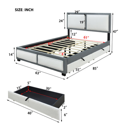Teddy Upholstered Platform Bed with Large Rivet-decorated Backrests and 4 Drawers, Velvet Gray+White