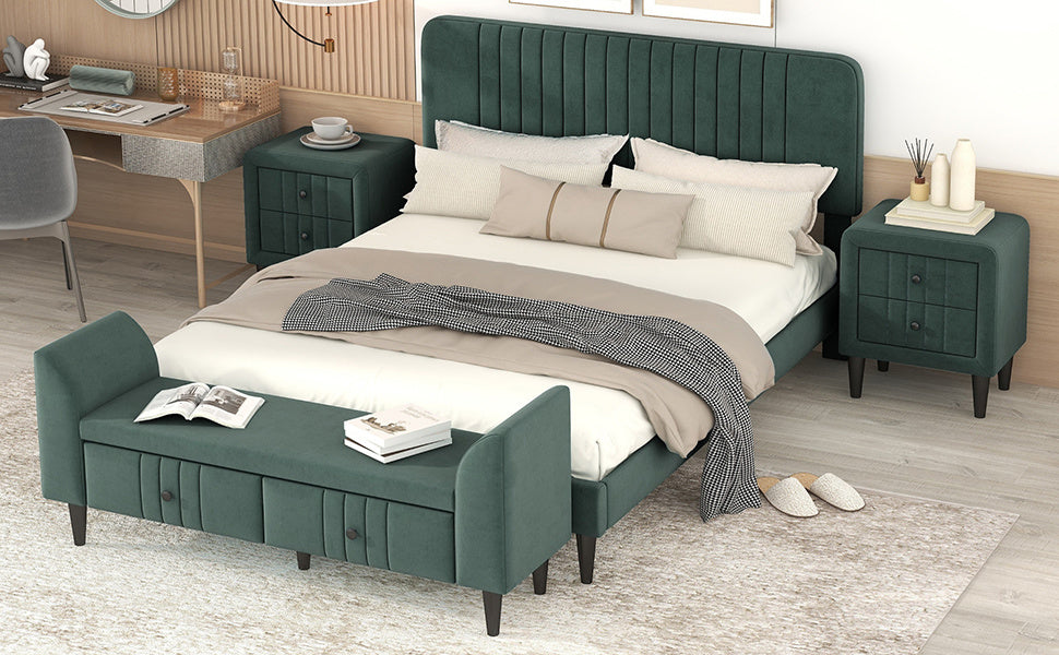4-pieces upholstered bedroom sets with two nightstands and storage bench-green