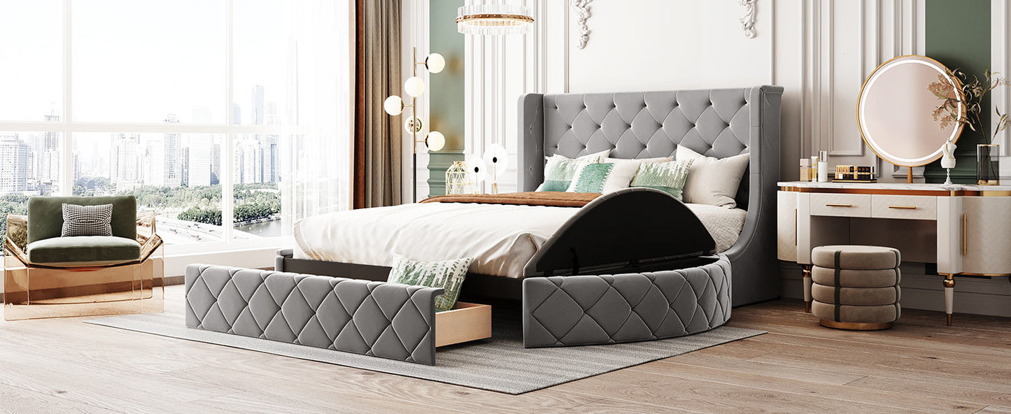 upholstered velvet platform bed with wingback headboard and 1 big drawer; 2 side storage stool