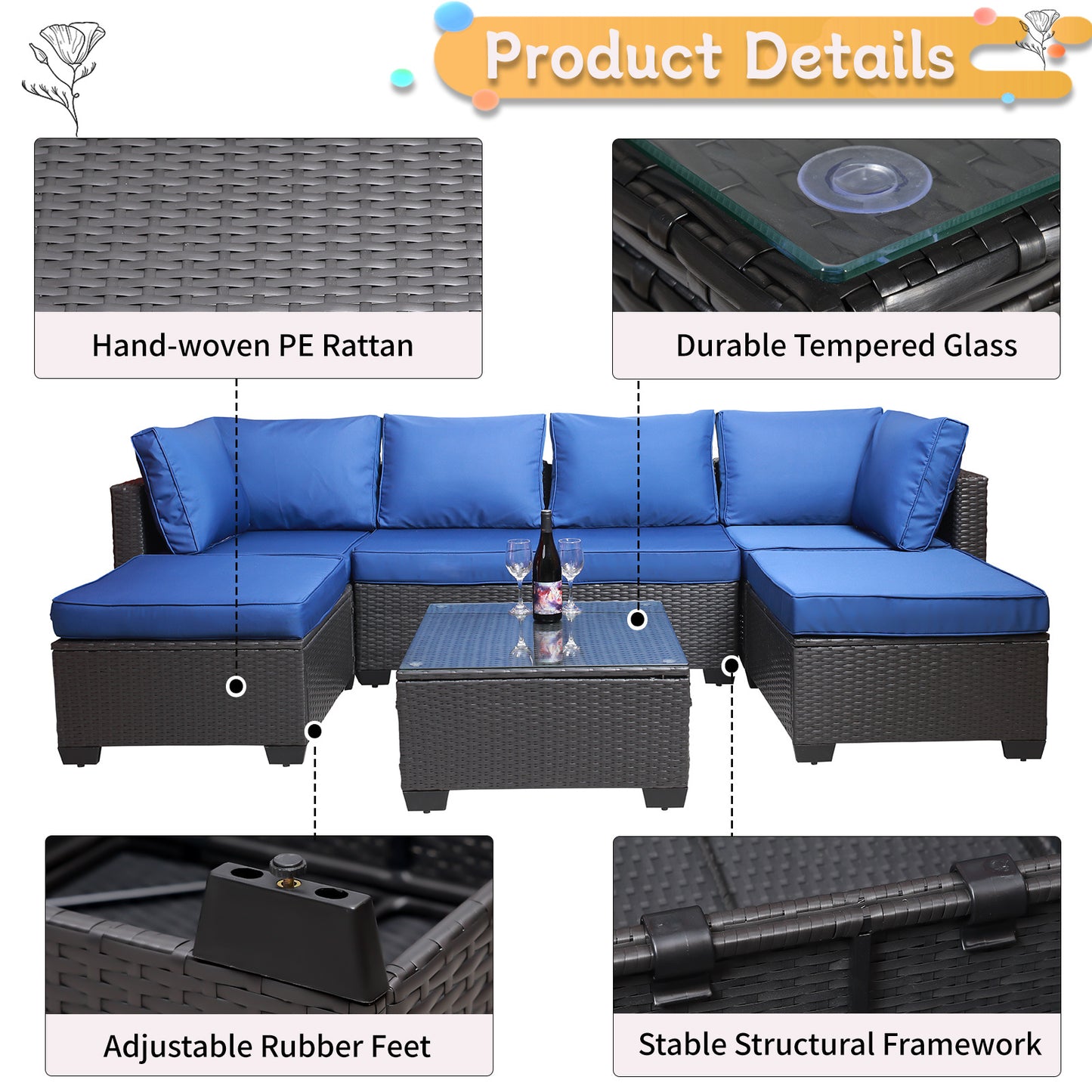 7-piece pe rattan wicker cushioned sofa sets and coffee table