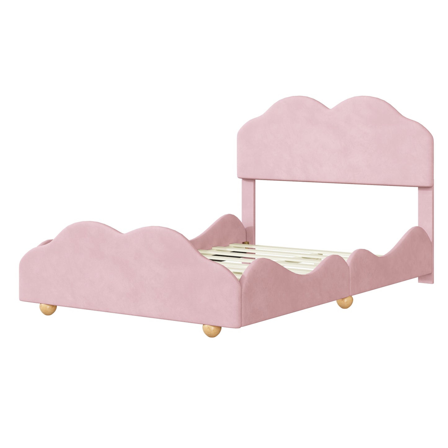 upholstered bed with cloud shaped bed board, light pink