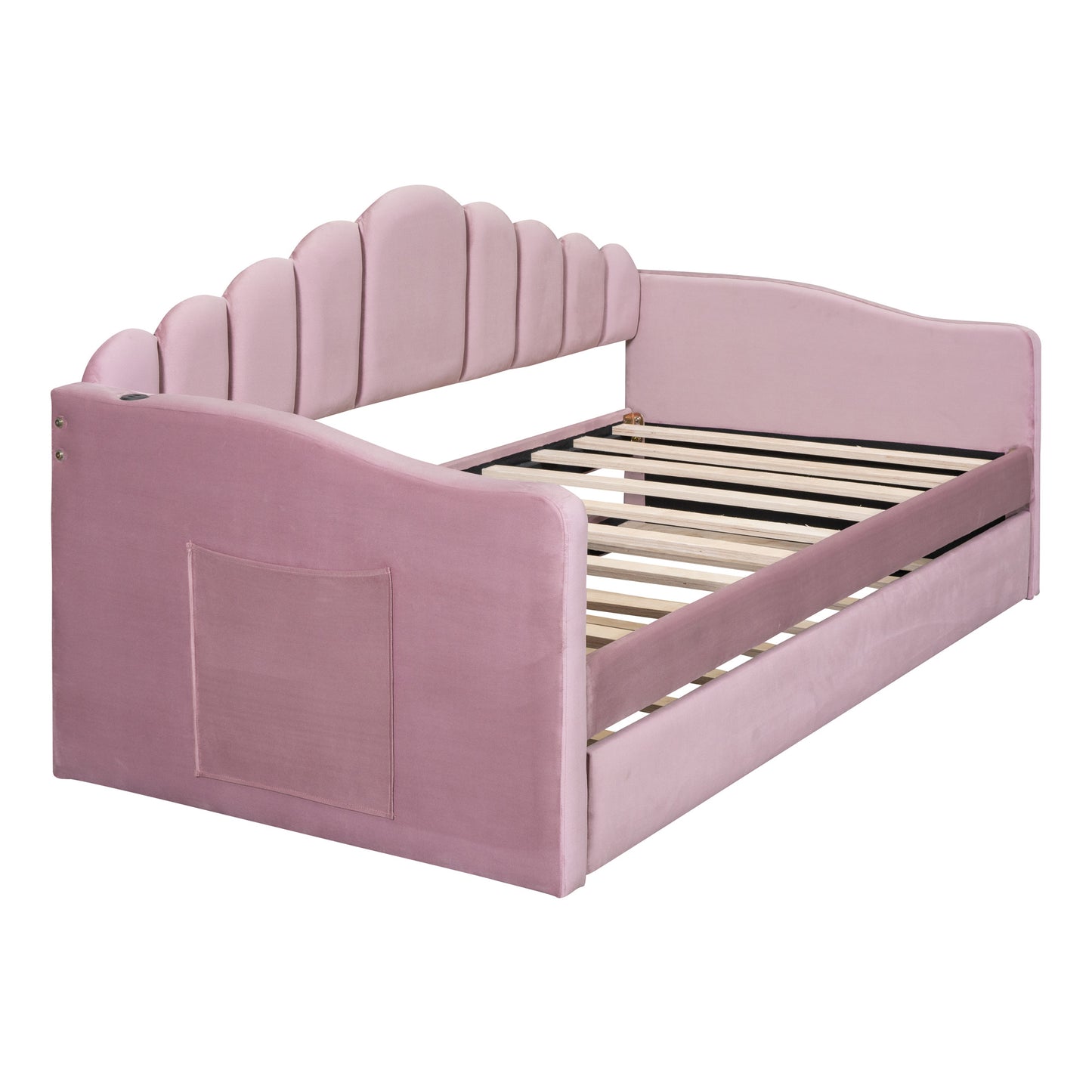 upholstered daybed with trundle & usb charging ports, pink