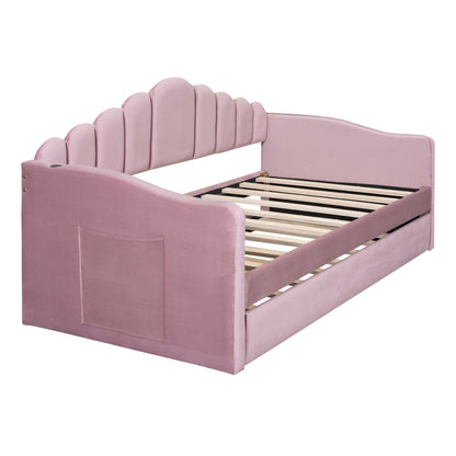 Upholstered Daybed with Trundle & USB Charging Ports, Pink