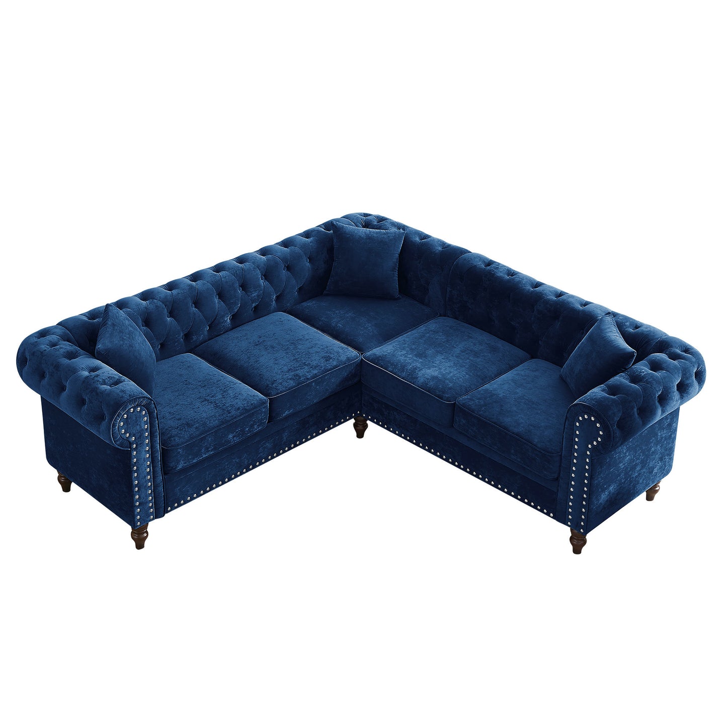 luxury classic chesterfield l-shaped sofa 3 pillows included, blue velvet