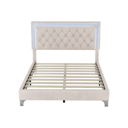 Upholstered Bed Frame with LED Lights, Beige