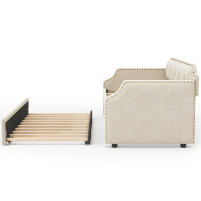 Lizzy Upholstered Bed with Trundle, Beige