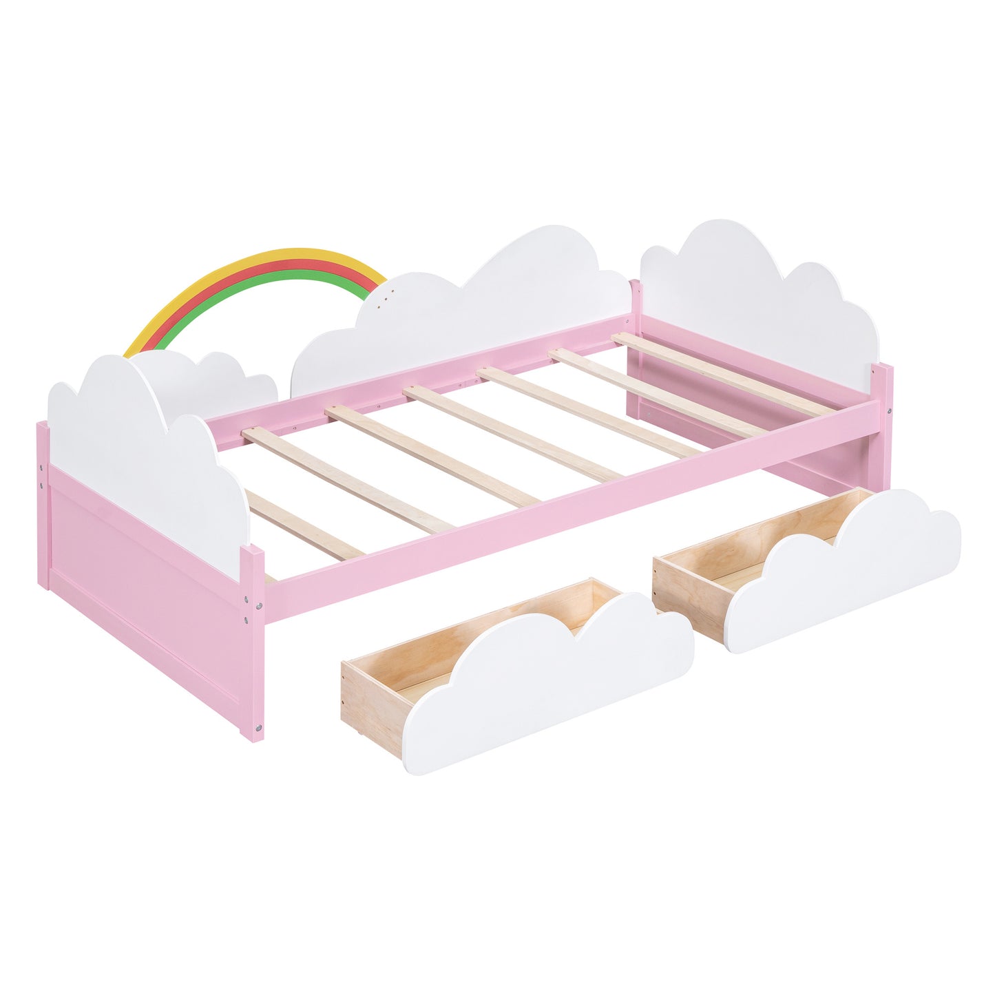 twin size bed with clouds and rainbow decor