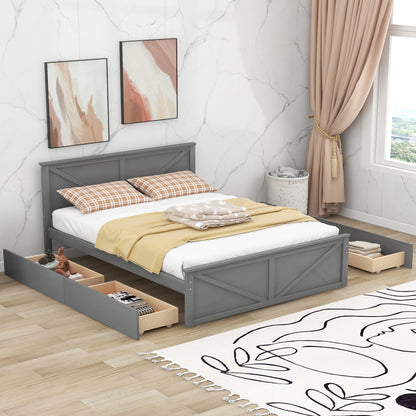 Country Wooden Platform Bed with Four Storage Drawers