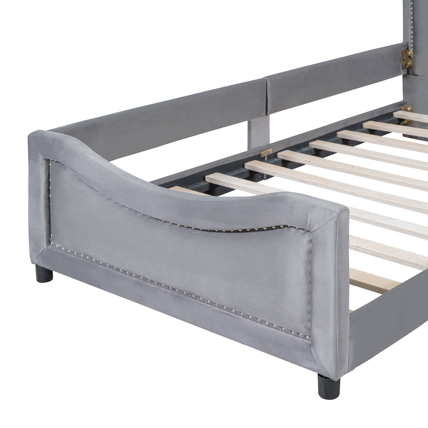 maya upholstered bed with classic stripe shaped headboard, gray