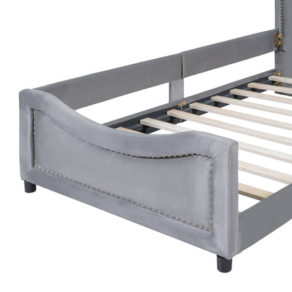 Maya Upholstered Bed with Classic Stripe Shaped Headboard, Gray