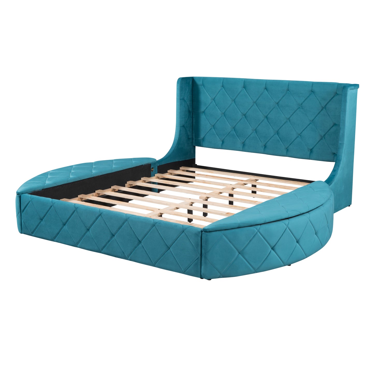 upholstered velvet platform bed with wingback headboard and 1 big drawer; 2 side storage stool