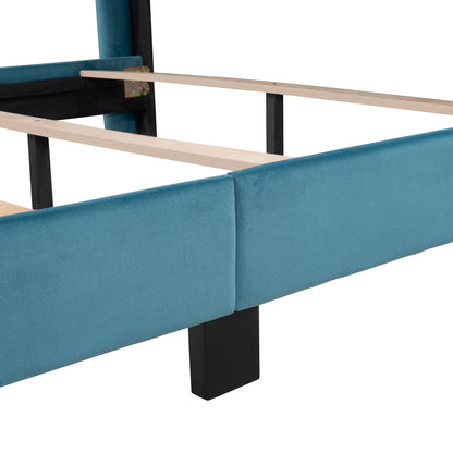 Queen Size Velvet Upholstered Platform Bed, Blue