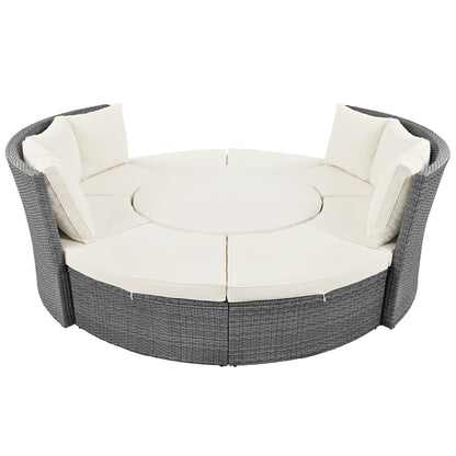 TOPMAX Patio 5-Piece Round Rattan Sectional Sofa Set, Beige
