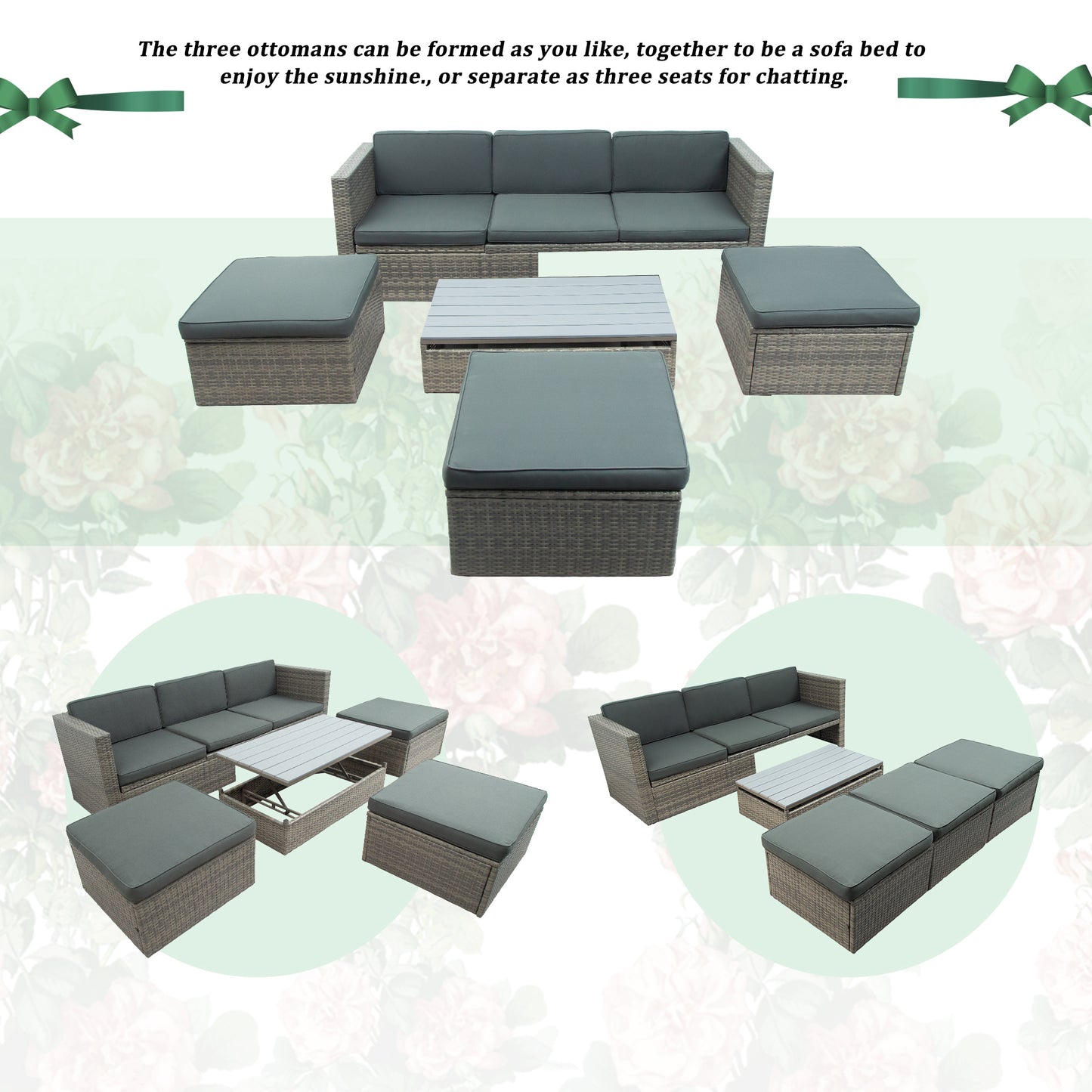5-piece patio wicker sofa set cushions; ottomans and lift top coffee table included