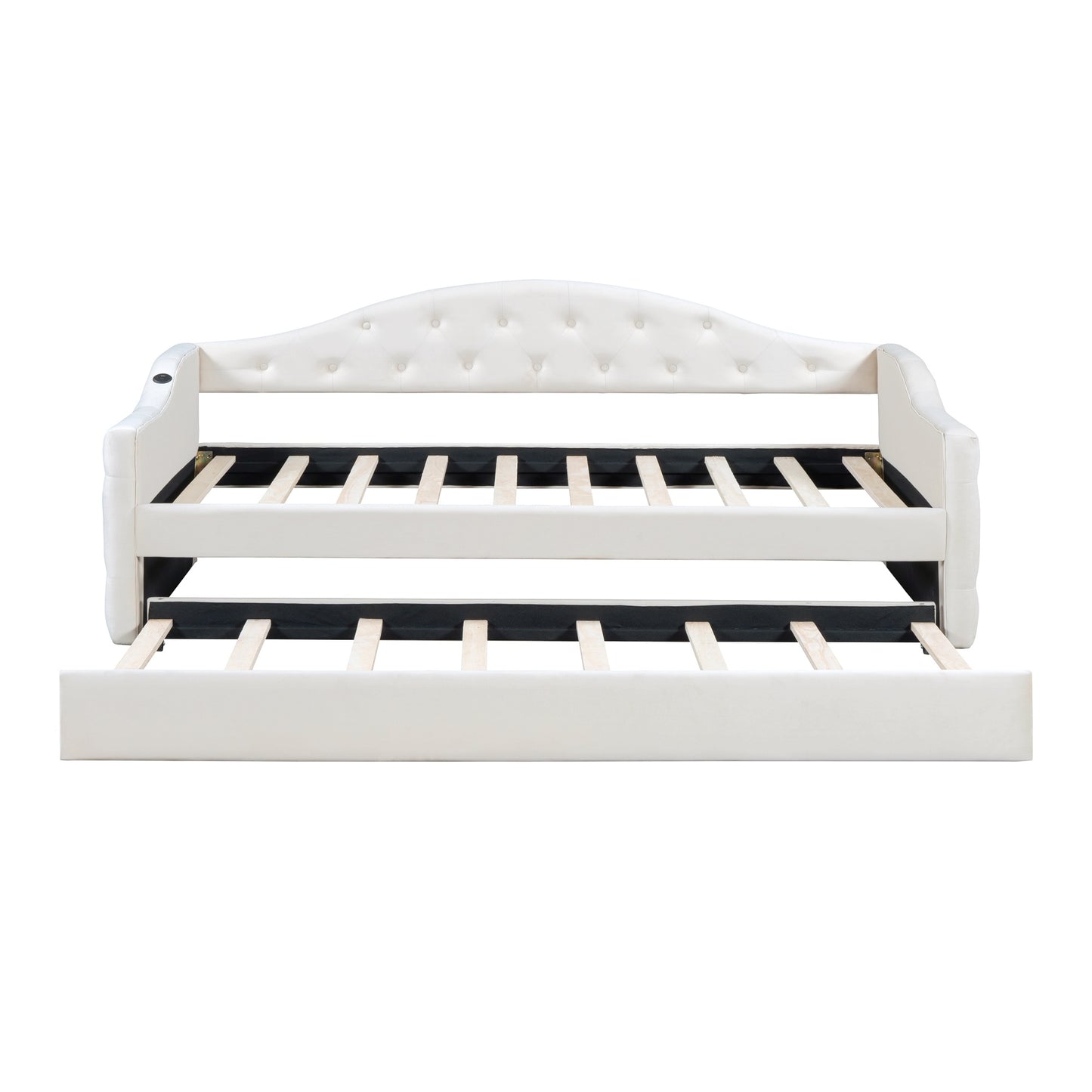zara tufted upholstered bed with trundle, usb&type-c charging ports, beige