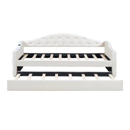 Zara Tufted Upholstered Bed with Trundle, USB&Type-C Charging Ports, Beige