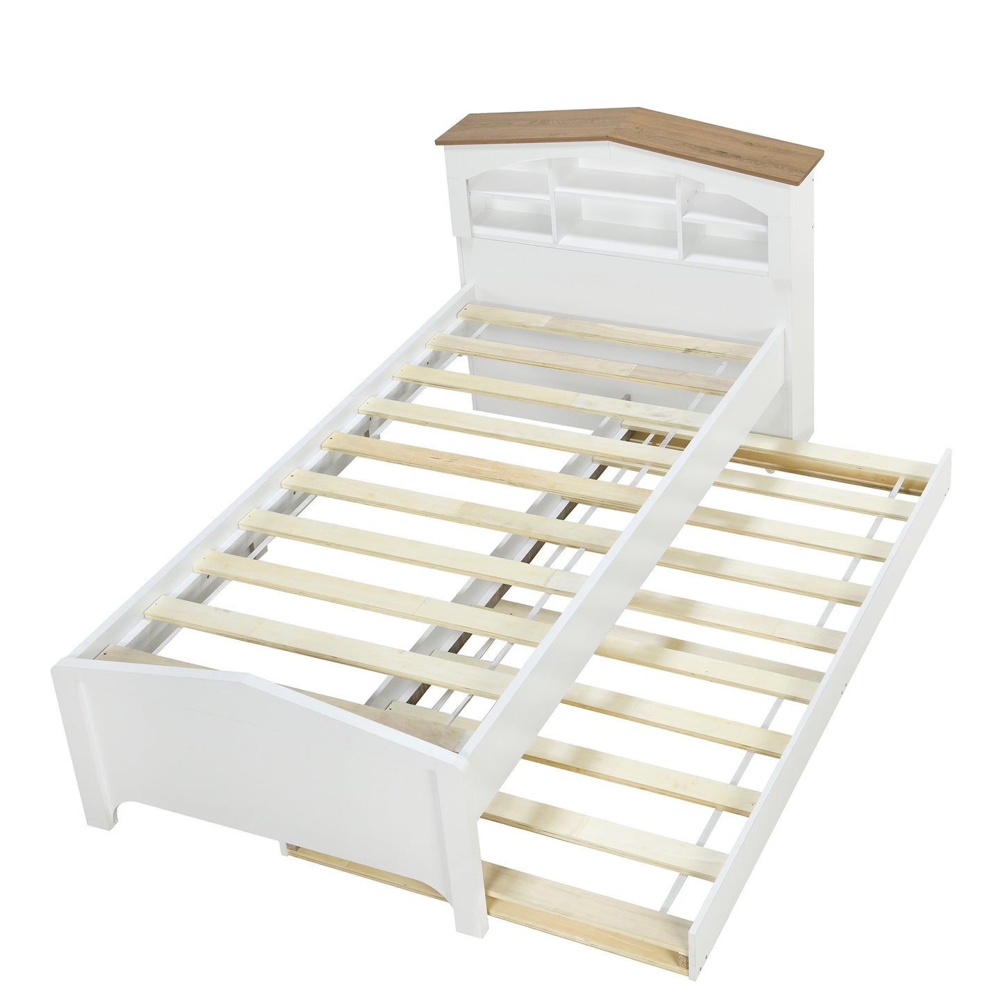 house-shaped bed with storage headboard and trundle, white