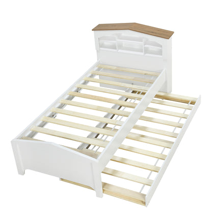 House-shaped Bed with Storage Headboard and Trundle, White