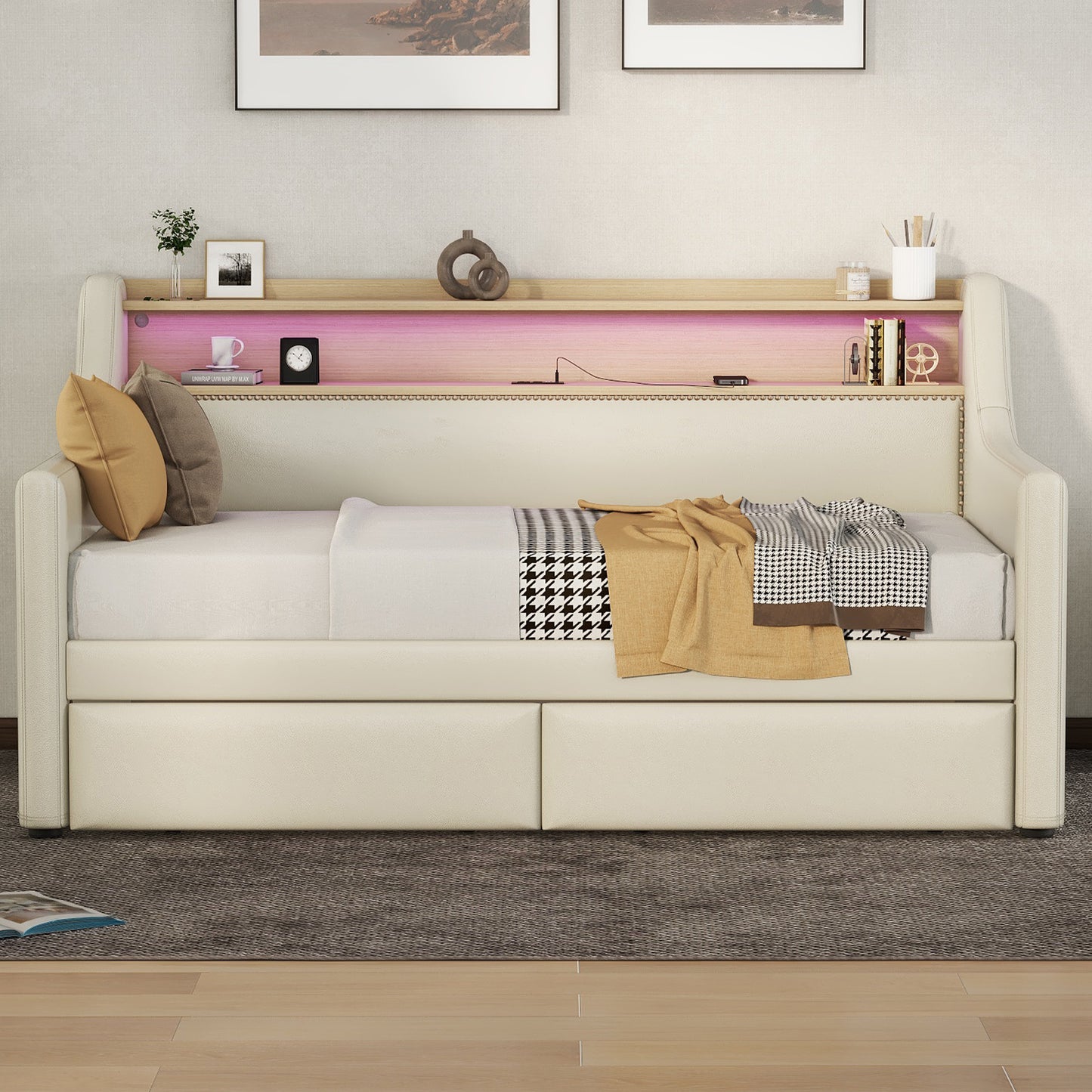 upholstered bed with charging station and led lights, beige