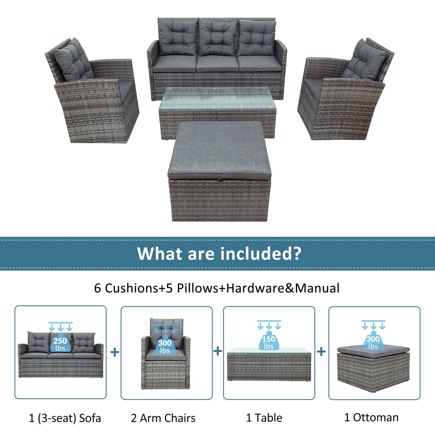 5-piece outdoor uv-resistant patio sofa set with storage bench