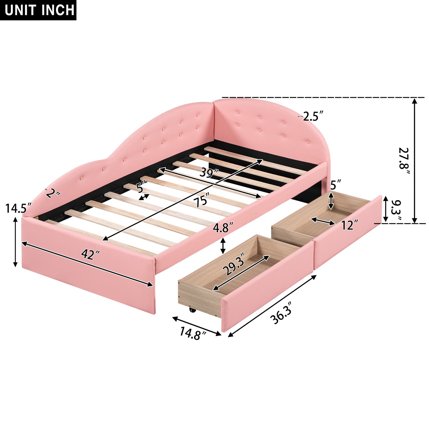 upholstered tufted bed with two drawers and cloud shaped guardrail, pink