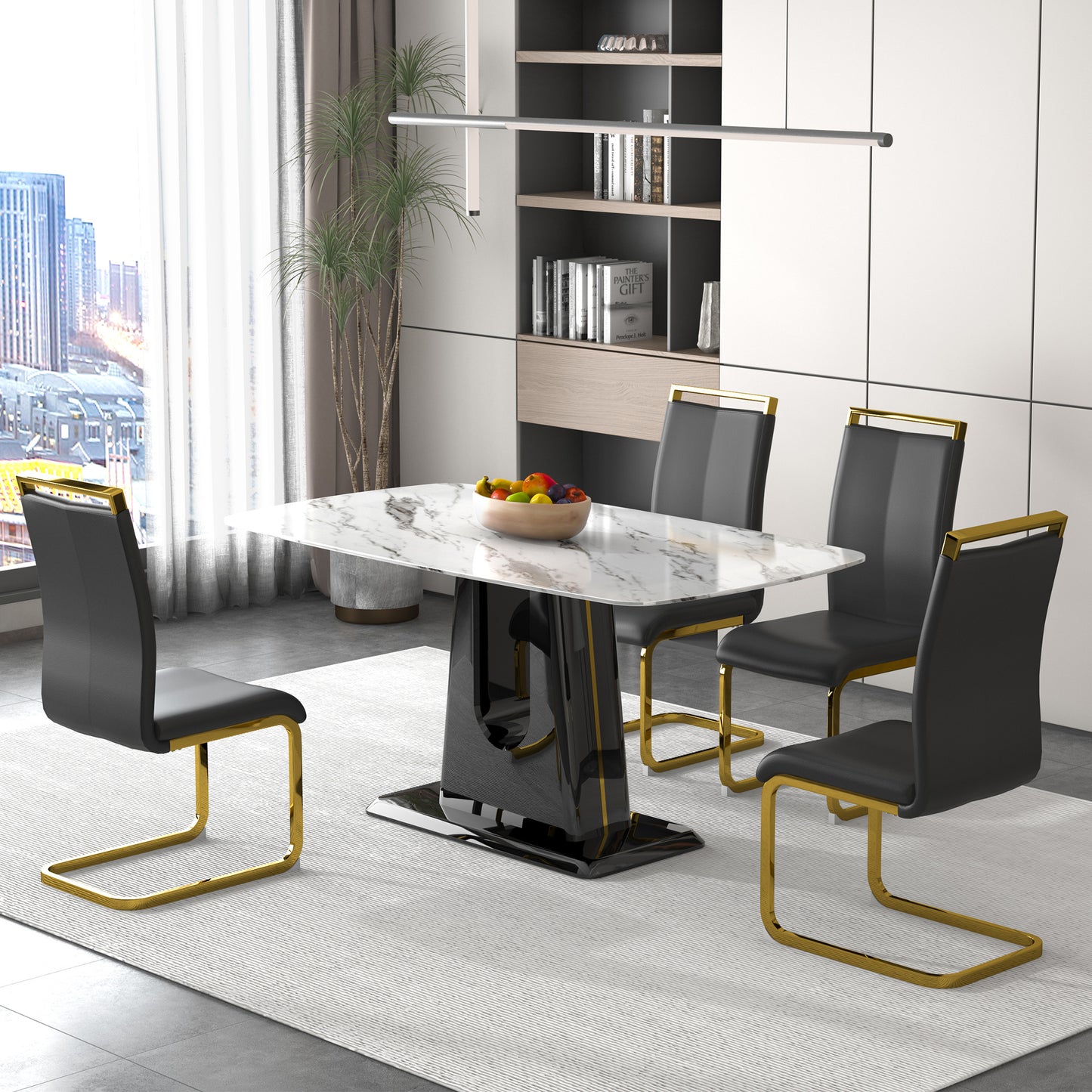 a modern, minimalist, and luxurious dining table with a white imitation marble tabletop and mdf legs with u-shaped brackets. tables in restaurants and living rooms 63"*35.4"*30 f-u