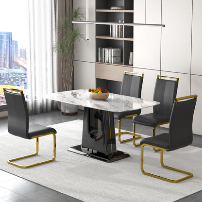 A modern, minimalist, and luxurious dining table with a white imitation marble tabletop and MDF legs with U-shaped brackets. Tables in restaurants and living rooms 63"*35.4"*30 F-U