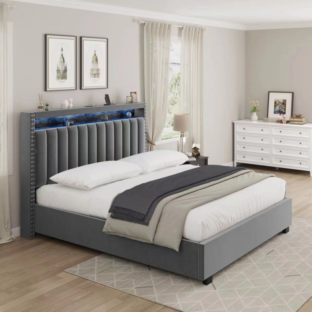 luxury gas lift storage bed with rf led lights ,velvet grey