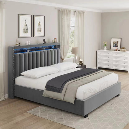 Luxury Gas Lift Storage Bed with RF LED Lights ,Velvet Grey