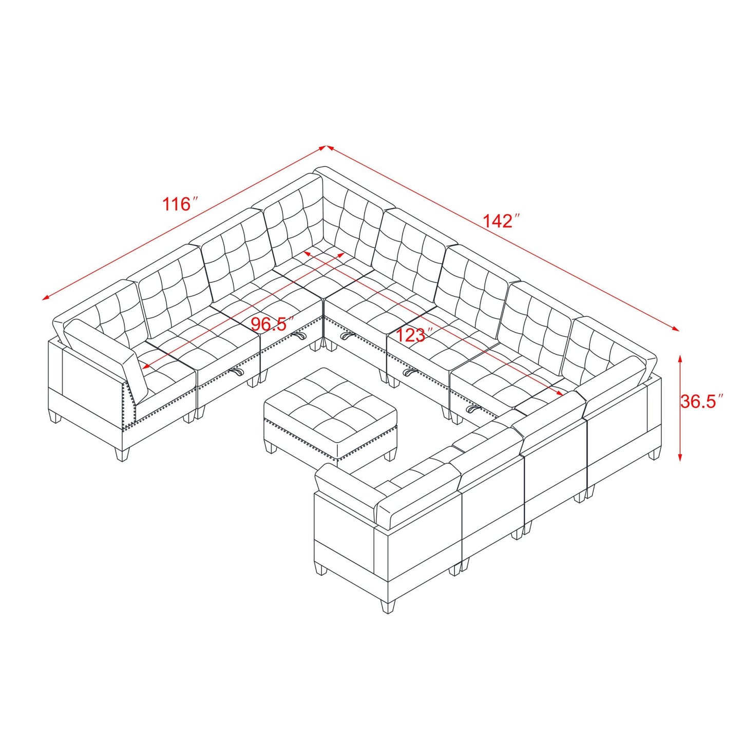 u shape modular sectional with ottoman, ivory