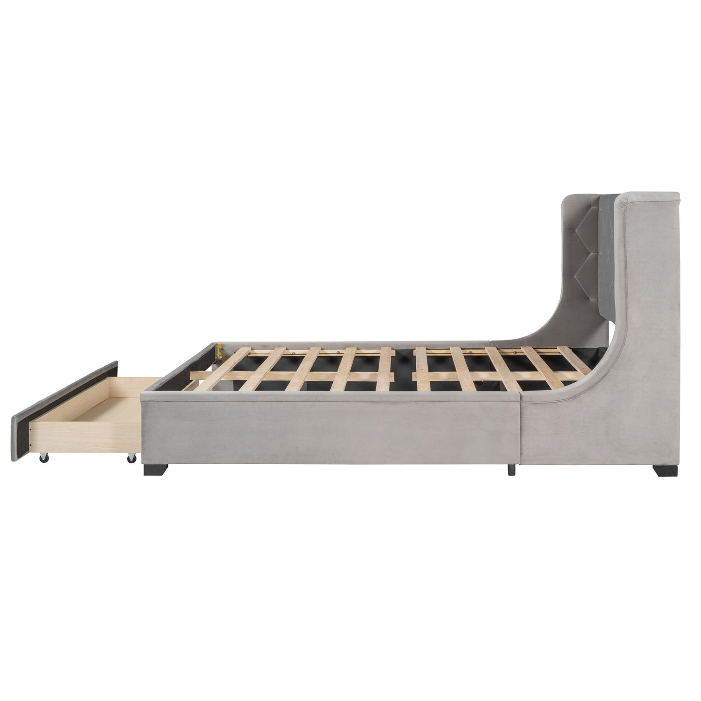 modern velvet upholstered platform bed with wingback headboard and a big drawer