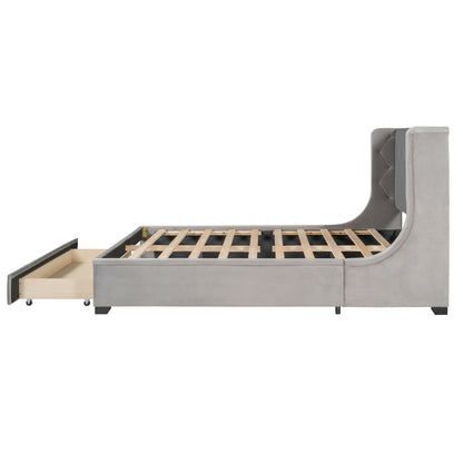 Modern Velvet Upholstered Platform Bed with Wingback Headboard and a Big Drawer