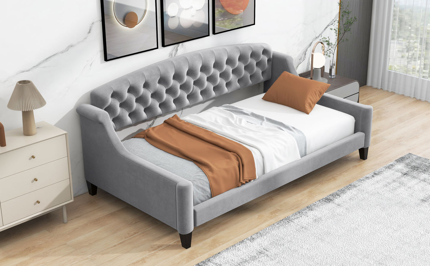 modern luxury upholstered tufted button bed, grey
