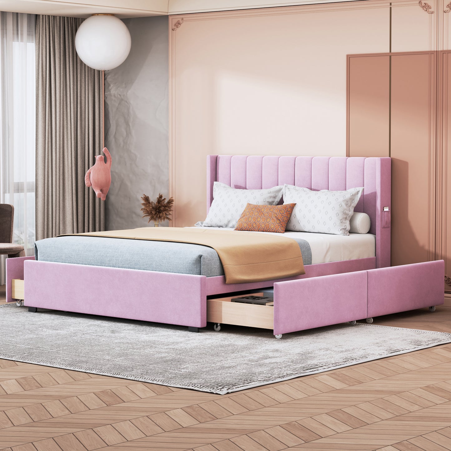 queen size upholstered bed with 4 drawers, pink