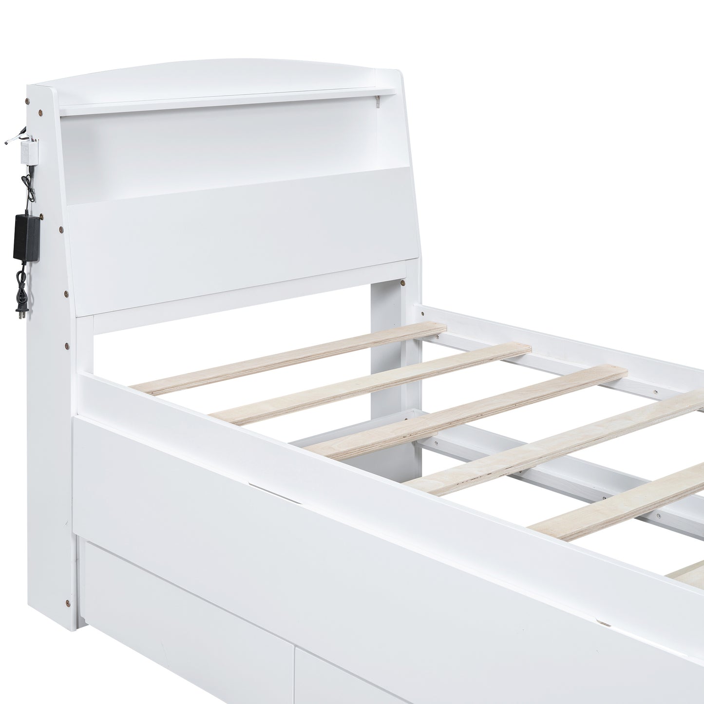 platform bed with storage led headboard, twin size trundle and 3 drawers, white